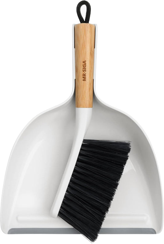 Dustpan and Brush Set, Bamboo Handle, White, 1 Set