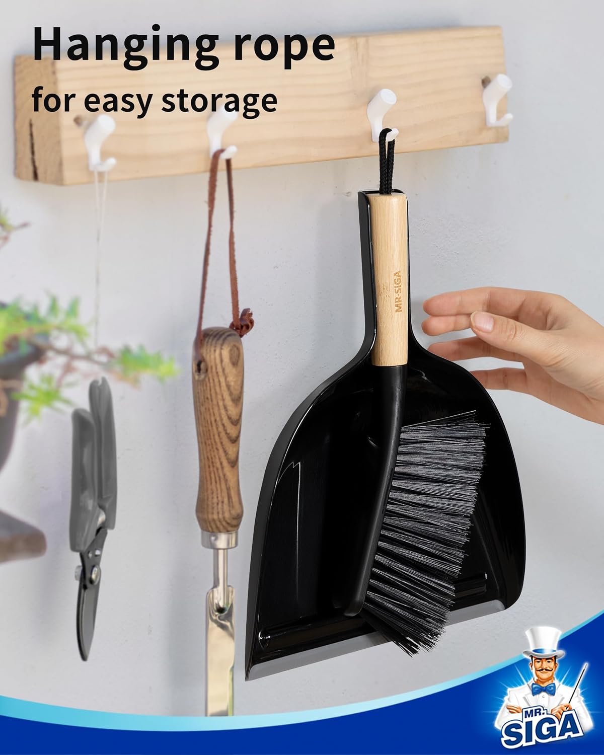 Dustpan and Brush Set, Bamboo Handle, White, 1 Set