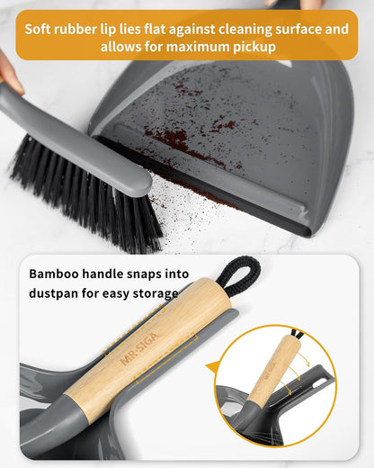 Dustpan and Brush Set, Bamboo Handle, White, 1 Set