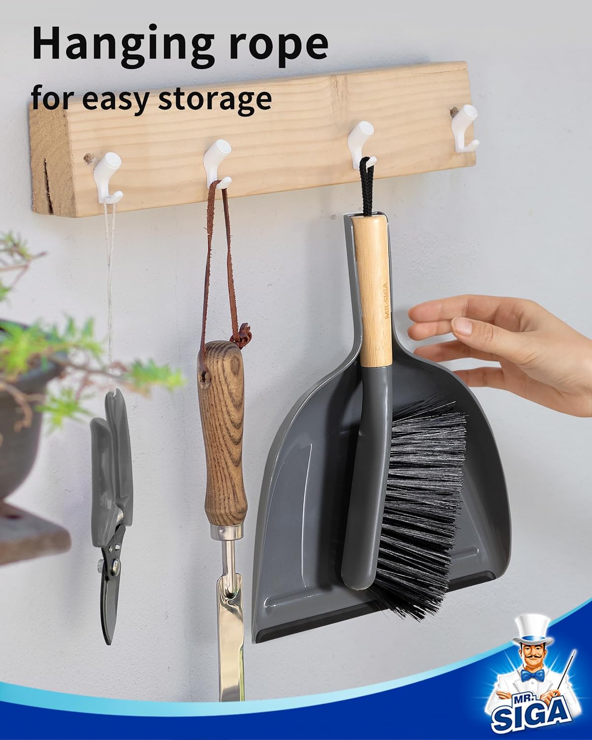 Dustpan and Brush Set, Bamboo Handle, White, 1 Set