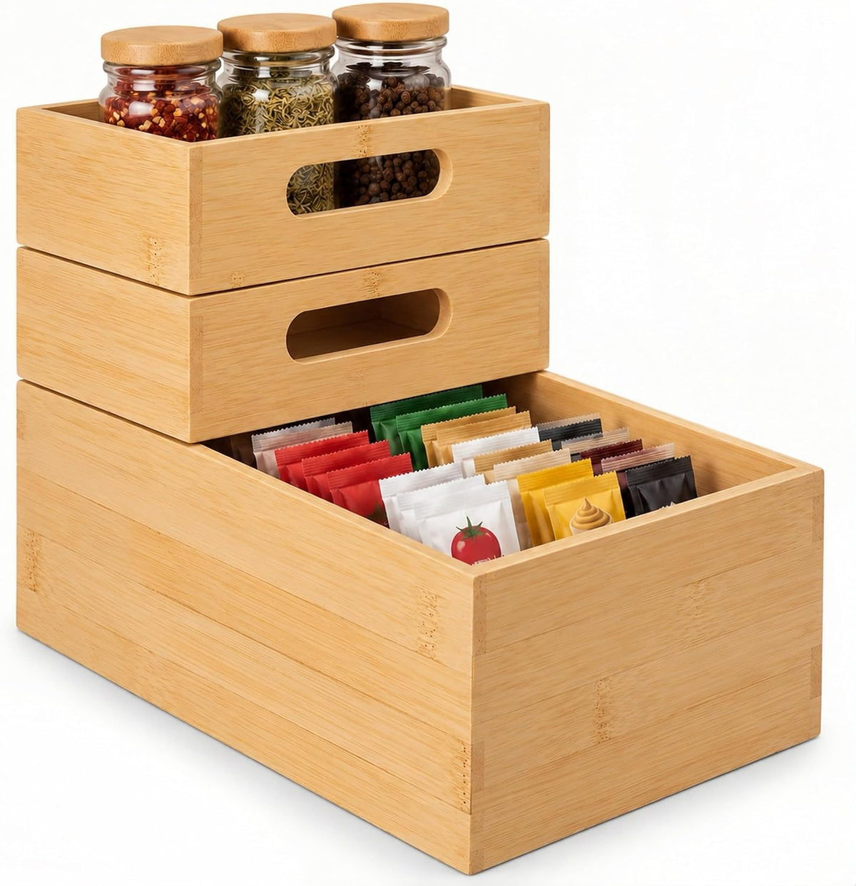 3-Piece Stackable Bamboo Storage Box, Large Storage Bin, Wooden Boxes for Makeup Drawer Organizer Bathroom, Office Supplies, Kitchen Utensils, Bamboo Storage Containers (Medium)