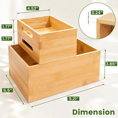 3-Piece Stackable Bamboo Storage Box, Large Storage Bin, Wooden Boxes for Makeup Drawer Organizer Bathroom, Office Supplies, Kitchen Utensils, Bamboo Storage Containers (Medium)