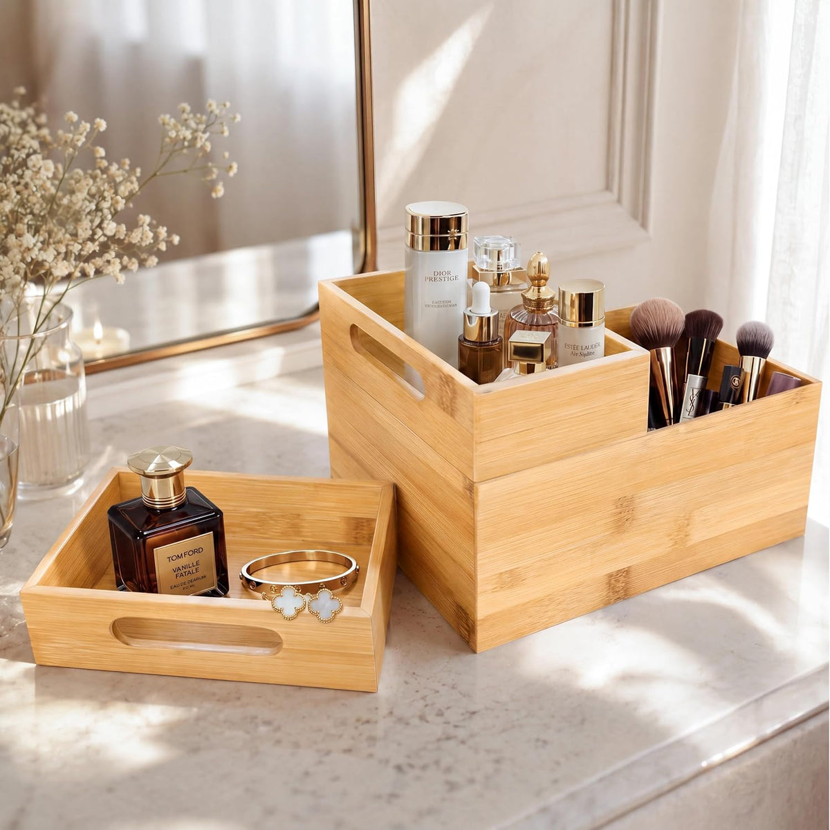 3-Piece Stackable Bamboo Storage Box, Large Storage Bin, Wooden Boxes for Makeup Drawer Organizer Bathroom, Office Supplies, Kitchen Utensils, Bamboo Storage Containers (Medium)