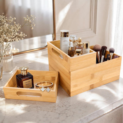 3-Piece Stackable Bamboo Storage Box, Large Storage Bin, Wooden Boxes for Makeup Drawer Organizer Bathroom, Office Supplies, Kitchen Utensils, Bamboo Storage Containers (Medium)
