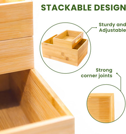 3-Piece Stackable Bamboo Storage Box, Large Storage Bin, Wooden Boxes for Makeup Drawer Organizer Bathroom, Office Supplies, Kitchen Utensils, Bamboo Storage Containers (Medium)