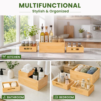 3-Piece Stackable Bamboo Storage Box, Large Storage Bin, Wooden Boxes for Makeup Drawer Organizer Bathroom, Office Supplies, Kitchen Utensils, Bamboo Storage Containers (Medium)