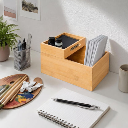 3-Piece Stackable Bamboo Storage Box, Large Storage Bin, Wooden Boxes for Makeup Drawer Organizer Bathroom, Office Supplies, Kitchen Utensils, Bamboo Storage Containers (Medium)