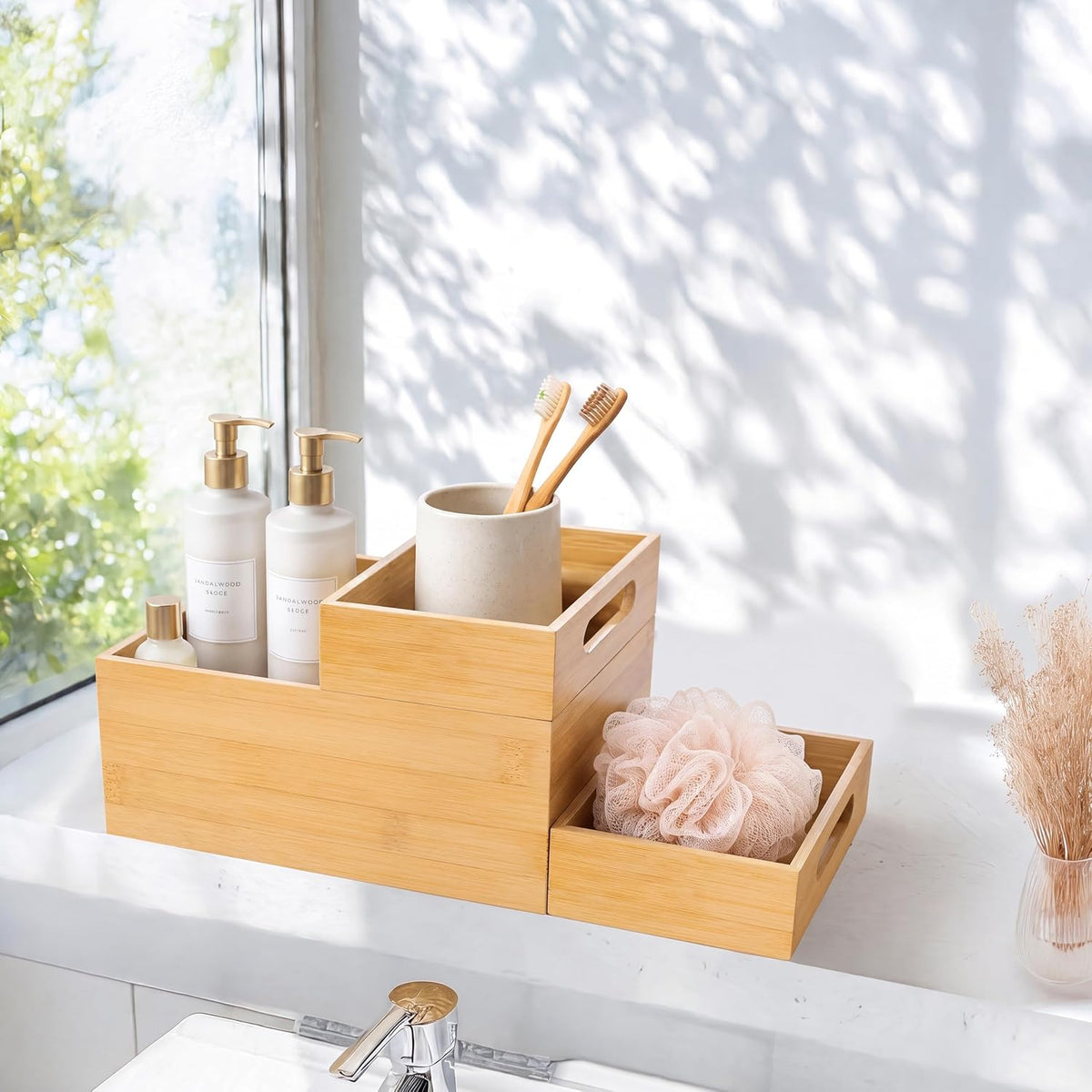 3-Piece Stackable Bamboo Storage Box, Large Storage Bin, Wooden Boxes for Makeup Drawer Organizer Bathroom, Office Supplies, Kitchen Utensils, Bamboo Storage Containers (Medium)