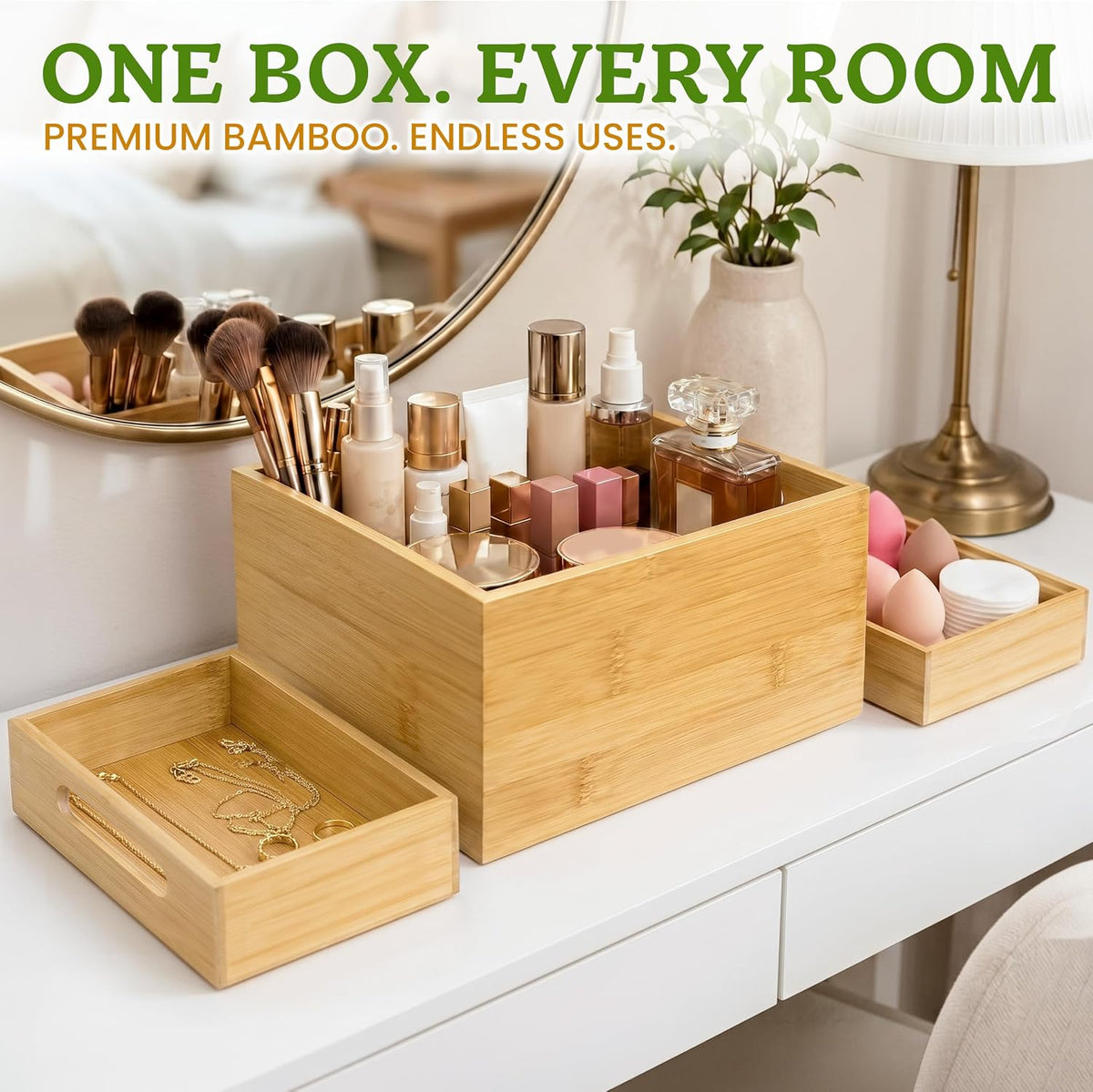 3-Piece Stackable Bamboo Storage Box, Large Storage Bin, Wooden Boxes for Makeup Drawer Organizer Bathroom, Office Supplies, Kitchen Utensils, Bamboo Storage Containers (Medium)