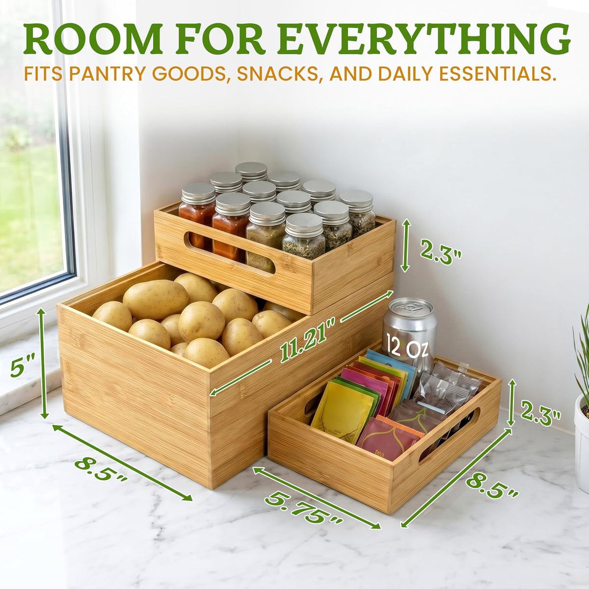 3-Piece Stackable Bamboo Storage Box, Large Storage Bin, Wooden Boxes for Makeup Drawer Organizer Bathroom, Office Supplies, Kitchen Utensils, Bamboo Storage Containers (Medium)