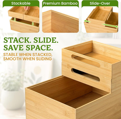 3-Piece Stackable Bamboo Storage Box, Large Storage Bin, Wooden Boxes for Makeup Drawer Organizer Bathroom, Office Supplies, Kitchen Utensils, Bamboo Storage Containers (Medium)