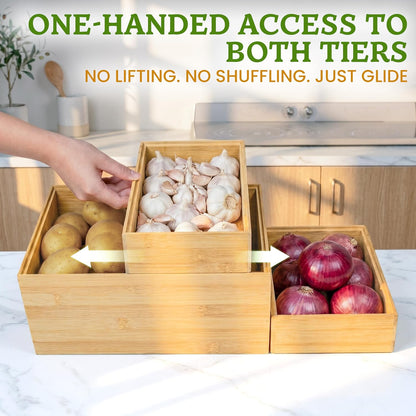 3-Piece Stackable Bamboo Storage Box, Large Storage Bin, Wooden Boxes for Makeup Drawer Organizer Bathroom, Office Supplies, Kitchen Utensils, Bamboo Storage Containers (Medium)