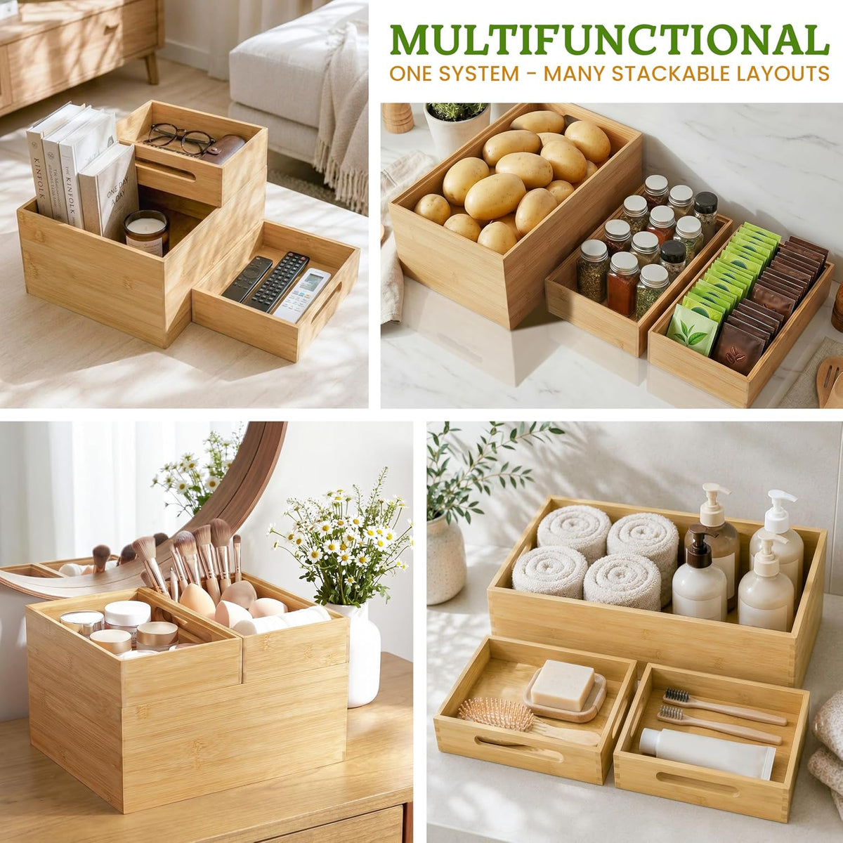 3-Piece Stackable Bamboo Storage Box, Large Storage Bin, Wooden Boxes for Makeup Drawer Organizer Bathroom, Office Supplies, Kitchen Utensils, Bamboo Storage Containers (Medium)