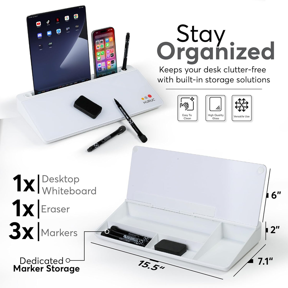 Desk Buddy Glass Desktop Whiteboard – Desk Board Buddy Hidden Storage