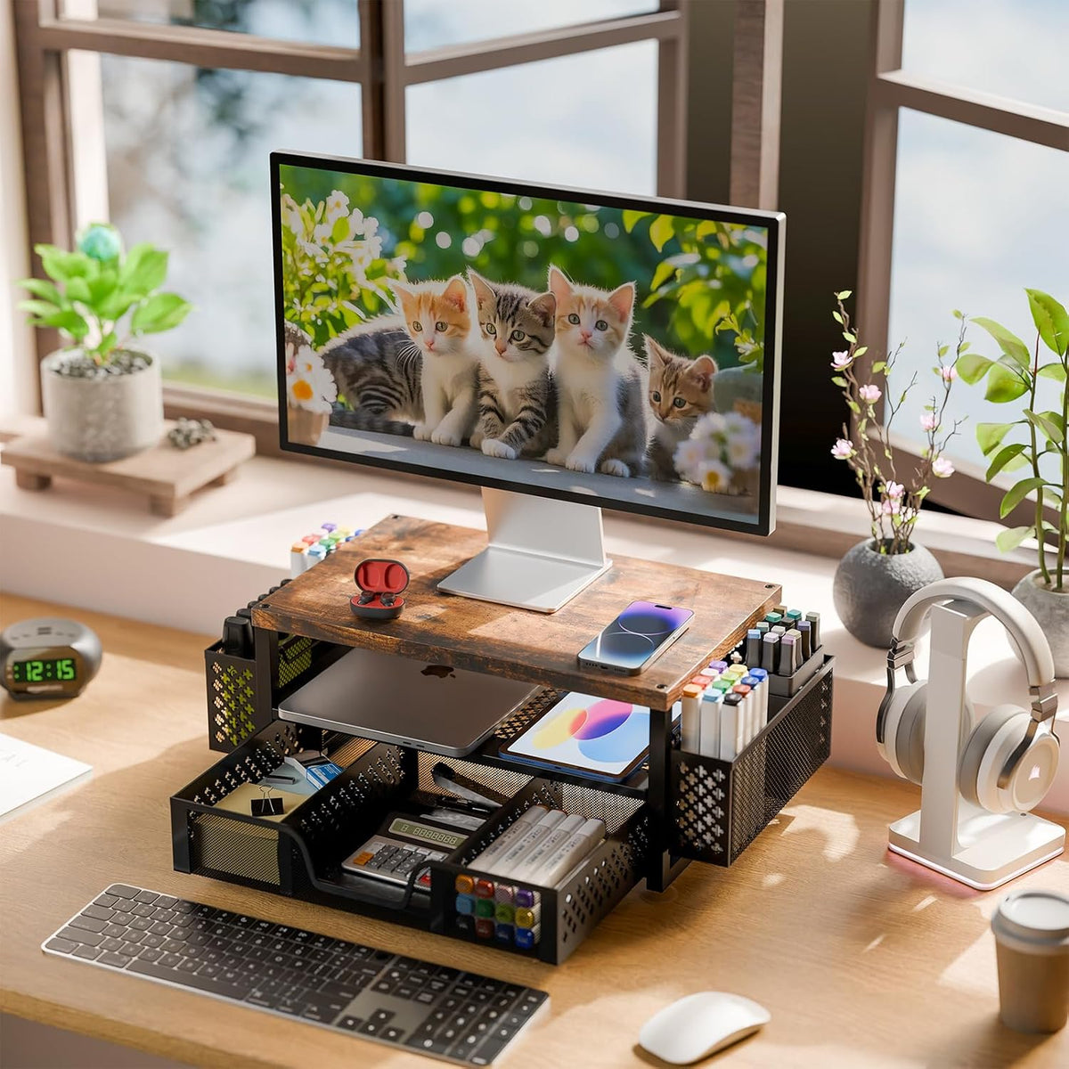 Monitor Stand with Drawer, 2-Tier Laptop Stand, Black