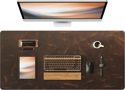 Leather Desk Mat, 35.4"x17"Real Leather Desk Pad,2mm Thick Desk Blotter with Stiched line,Oil-Wax Feel Mouse pad and Self-Healing Laptop Pad for Home & Office(Classic Dark Brown)