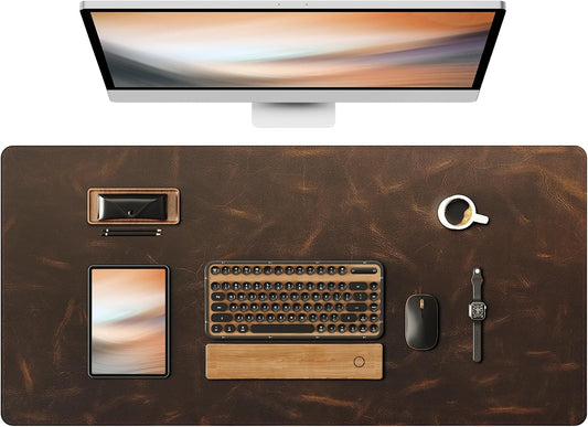 Leather Desk Mat, 35.4"x17"Real Leather Desk Pad,2mm Thick Desk Blotter with Stiched line,Oil-Wax Feel Mouse pad and Self-Healing Laptop Pad for Home & Office(Classic Dark Brown)
