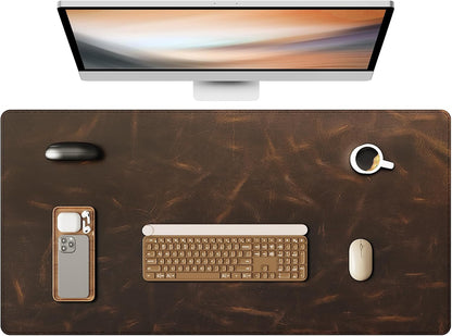 Leather Desk Mat, 35.4"x17"Real Leather Desk Pad,2mm Thick Desk Blotter with Stiched line,Oil-Wax Feel Mouse pad and Self-Healing Laptop Pad for Home & Office(Classic Dark Brown)