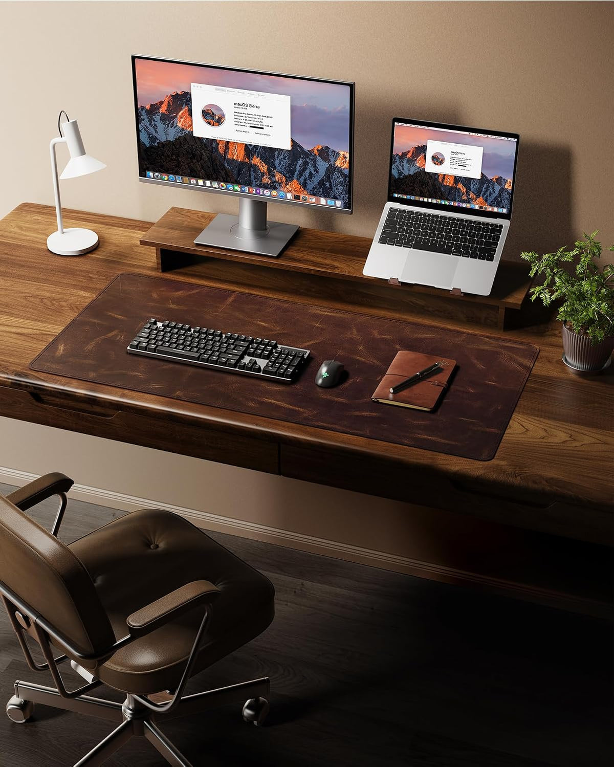 Leather Desk Mat, 35.4"x17"Real Leather Desk Pad,2mm Thick Desk Blotter with Stiched line,Oil-Wax Feel Mouse pad and Self-Healing Laptop Pad for Home & Office(Classic Dark Brown)