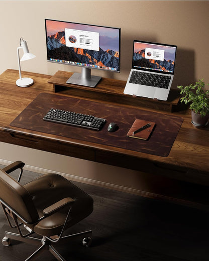 Leather Desk Mat, 35.4"x17"Real Leather Desk Pad,2mm Thick Desk Blotter with Stiched line,Oil-Wax Feel Mouse pad and Self-Healing Laptop Pad for Home & Office(Classic Dark Brown)