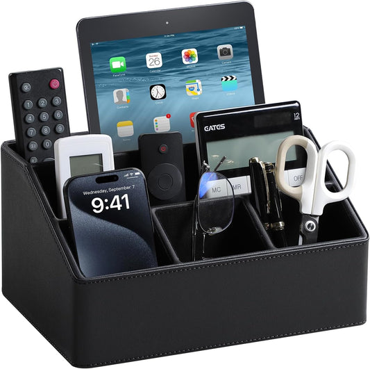 PU Leather Desk Organizer, Remote Control Holder (Black)