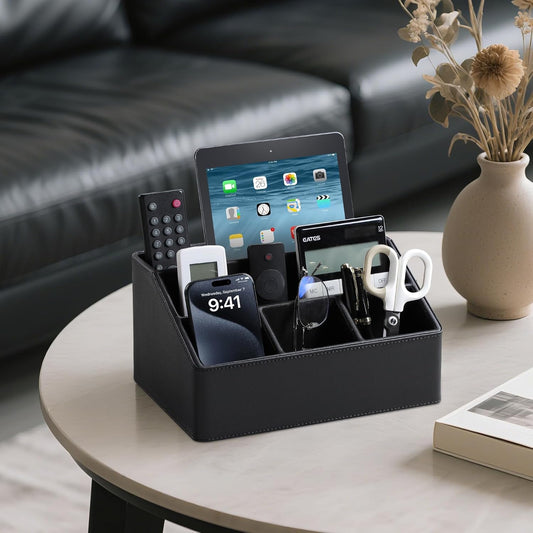 PU Leather Desk Organizer, Remote Control Holder (Black)