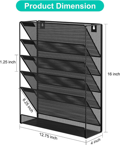 5 Tier Wall File Holder, Mesh Hanging Folder Organizer with Classify Label, Versatile Desk File Holder, Vertical Wall Mounted Mail Organizer for Office Home Cubicle, Black