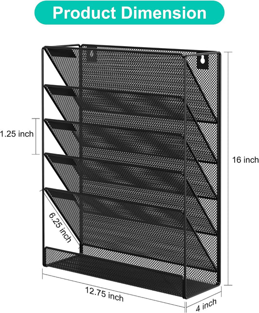 5 Tier Wall File Holder, Mesh Hanging Folder Organizer with Classify Label, Versatile Desk File Holder, Vertical Wall Mounted Mail Organizer for Office Home Cubicle, Black