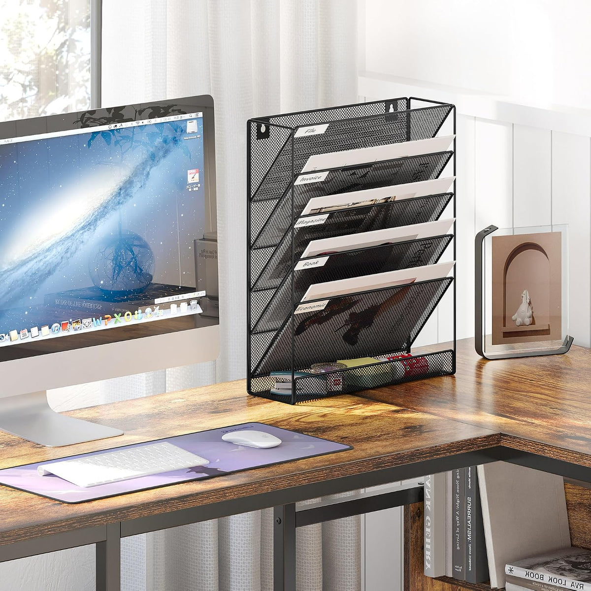 5 Tier Wall File Holder, Mesh Hanging Folder Organizer with Classify Label, Versatile Desk File Holder, Vertical Wall Mounted Mail Organizer for Office Home Cubicle, Black