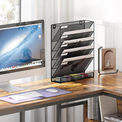 5 Tier Wall File Holder, Mesh Hanging Folder Organizer with Classify Label, Versatile Desk File Holder, Vertical Wall Mounted Mail Organizer for Office Home Cubicle, Black