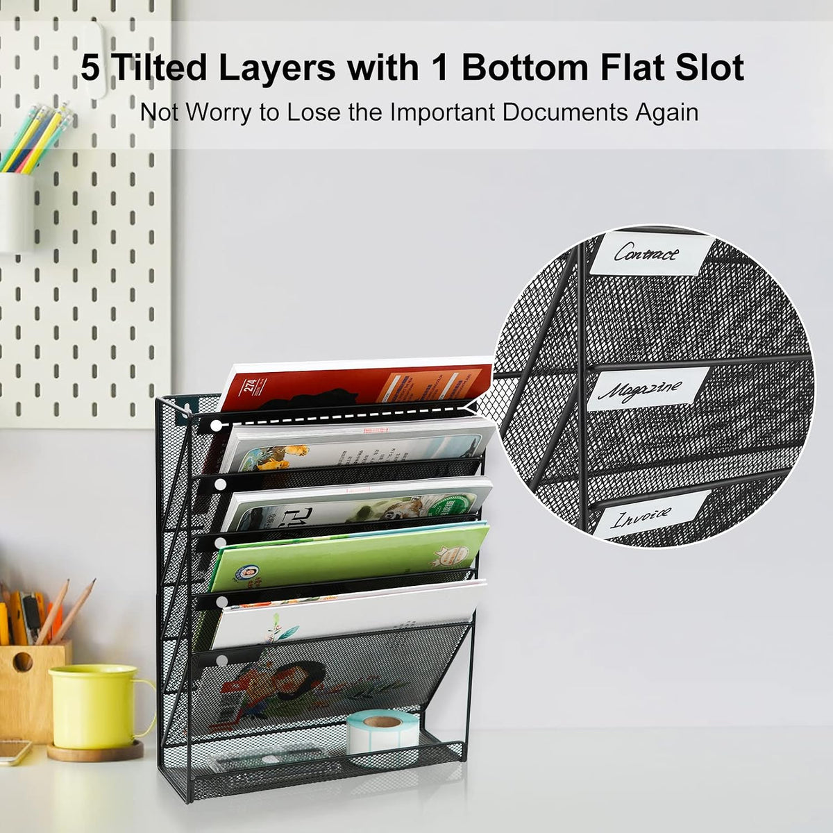 5 Tier Wall File Holder, Mesh Hanging Folder Organizer with Classify Label, Versatile Desk File Holder, Vertical Wall Mounted Mail Organizer for Office Home Cubicle, Black
