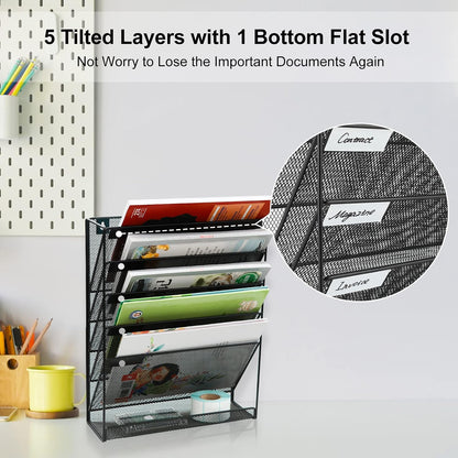 5 Tier Wall File Holder, Mesh Hanging Folder Organizer with Classify Label, Versatile Desk File Holder, Vertical Wall Mounted Mail Organizer for Office Home Cubicle, Black