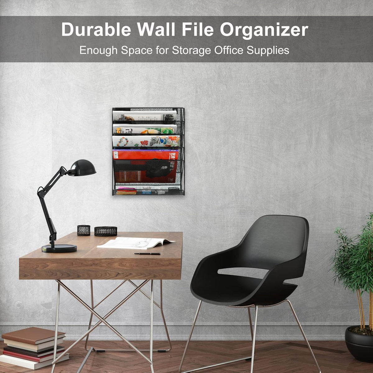 5 Tier Wall File Holder, Mesh Hanging Folder Organizer with Classify Label, Versatile Desk File Holder, Vertical Wall Mounted Mail Organizer for Office Home Cubicle, Black