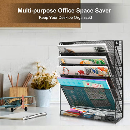 5 Tier Wall File Holder, Mesh Hanging Folder Organizer with Classify Label, Versatile Desk File Holder, Vertical Wall Mounted Mail Organizer for Office Home Cubicle, Black