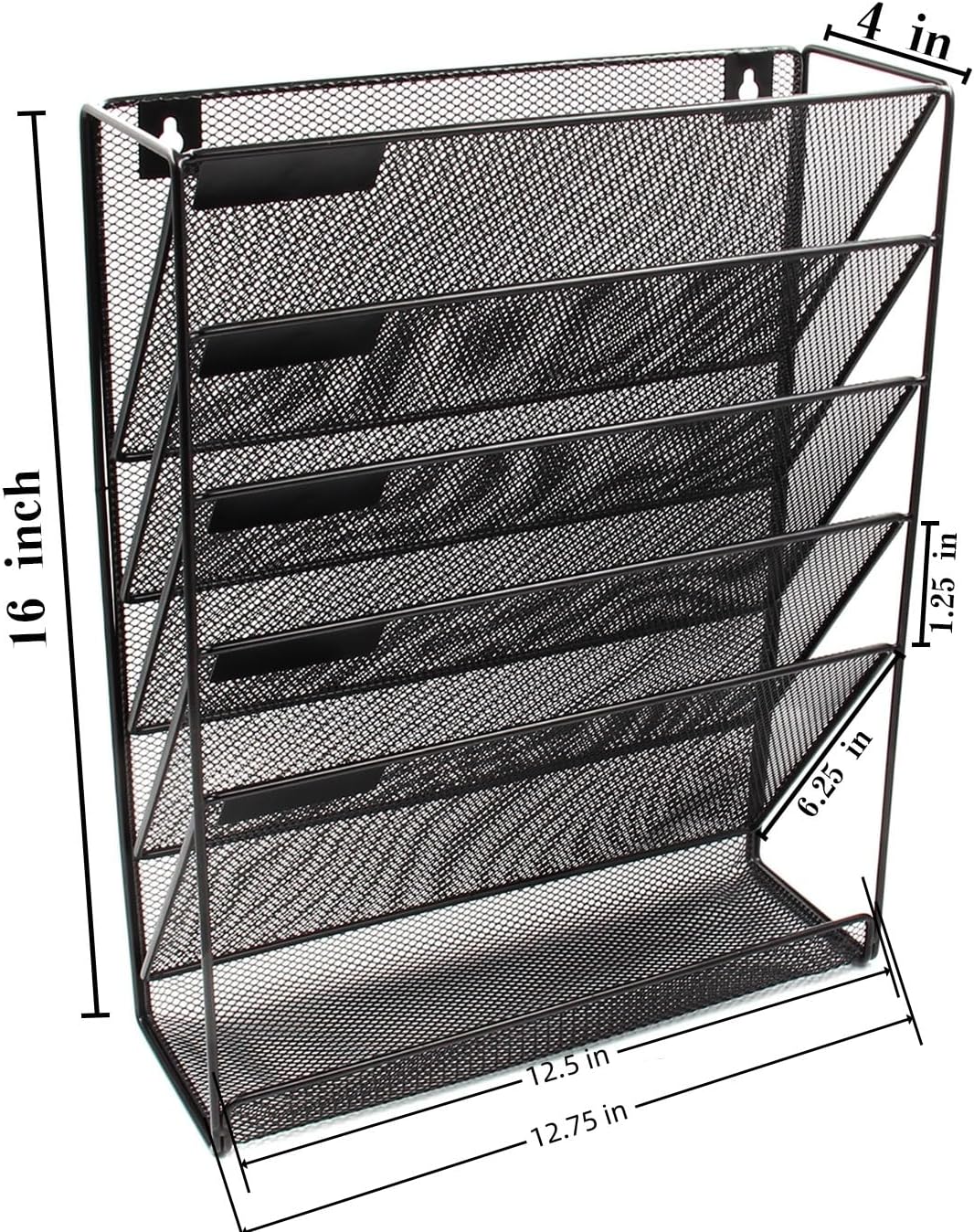 5 Tier Wall File Holder, Mesh Hanging Folder Organizer with Classify Label, Versatile Desk File Holder, Vertical Wall Mounted Mail Organizer for Office Home Cubicle, Black