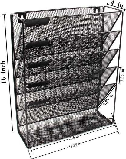 5 Tier Wall File Holder, Mesh Hanging Folder Organizer with Classify Label, Versatile Desk File Holder, Vertical Wall Mounted Mail Organizer for Office Home Cubicle, Black