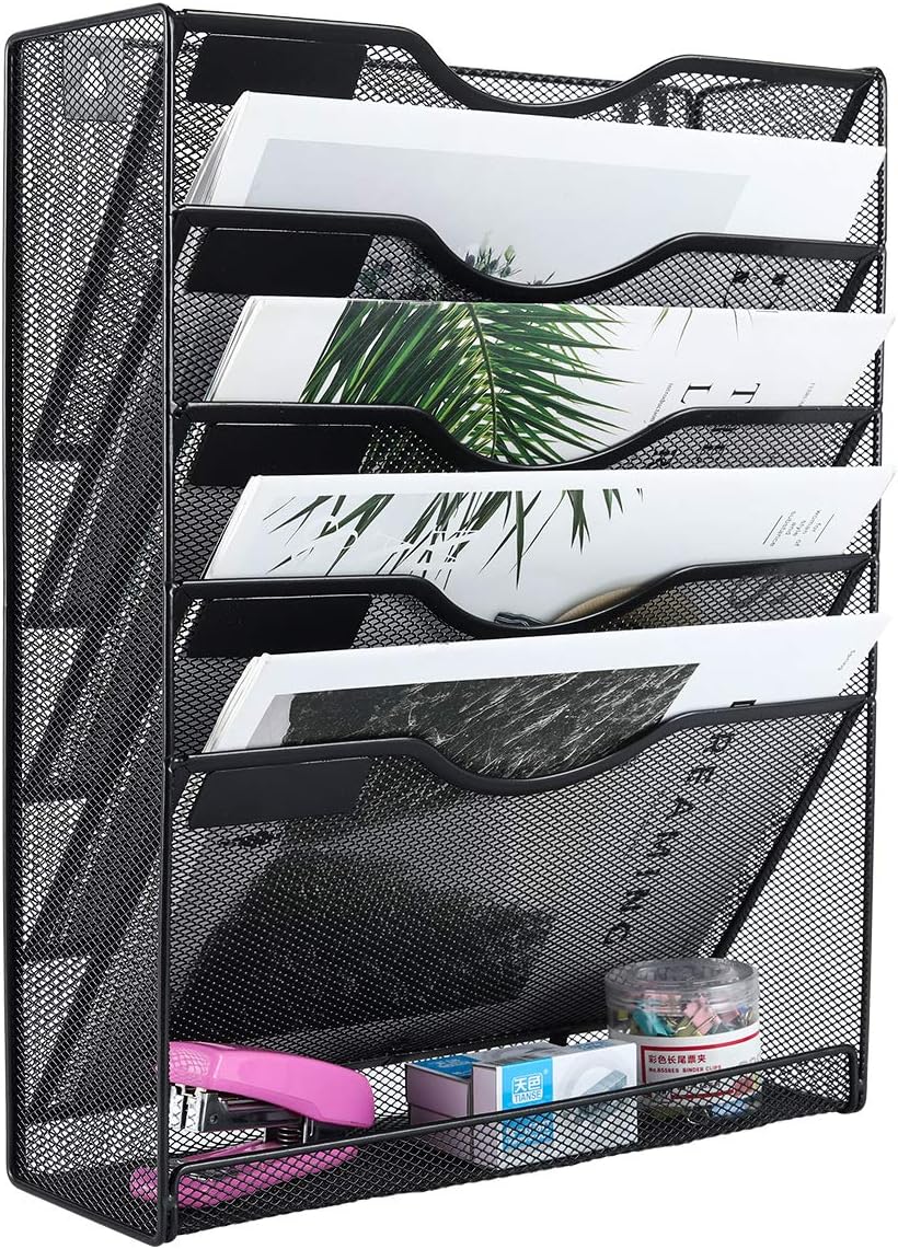 5 Tier Wall File Holder, Mesh Hanging Folder Organizer with Classify Label, Versatile Desk File Holder, Vertical Wall Mounted Mail Organizer for Office Home Cubicle, Black