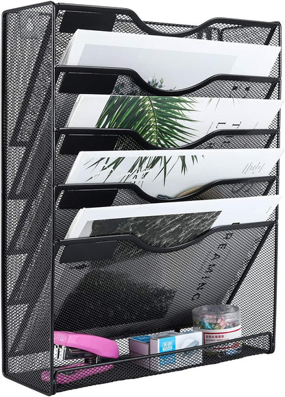 5 Tier Wall File Holder, Mesh Hanging Folder Organizer with Classify Label, Versatile Desk File Holder, Vertical Wall Mounted Mail Organizer for Office Home Cubicle, Black