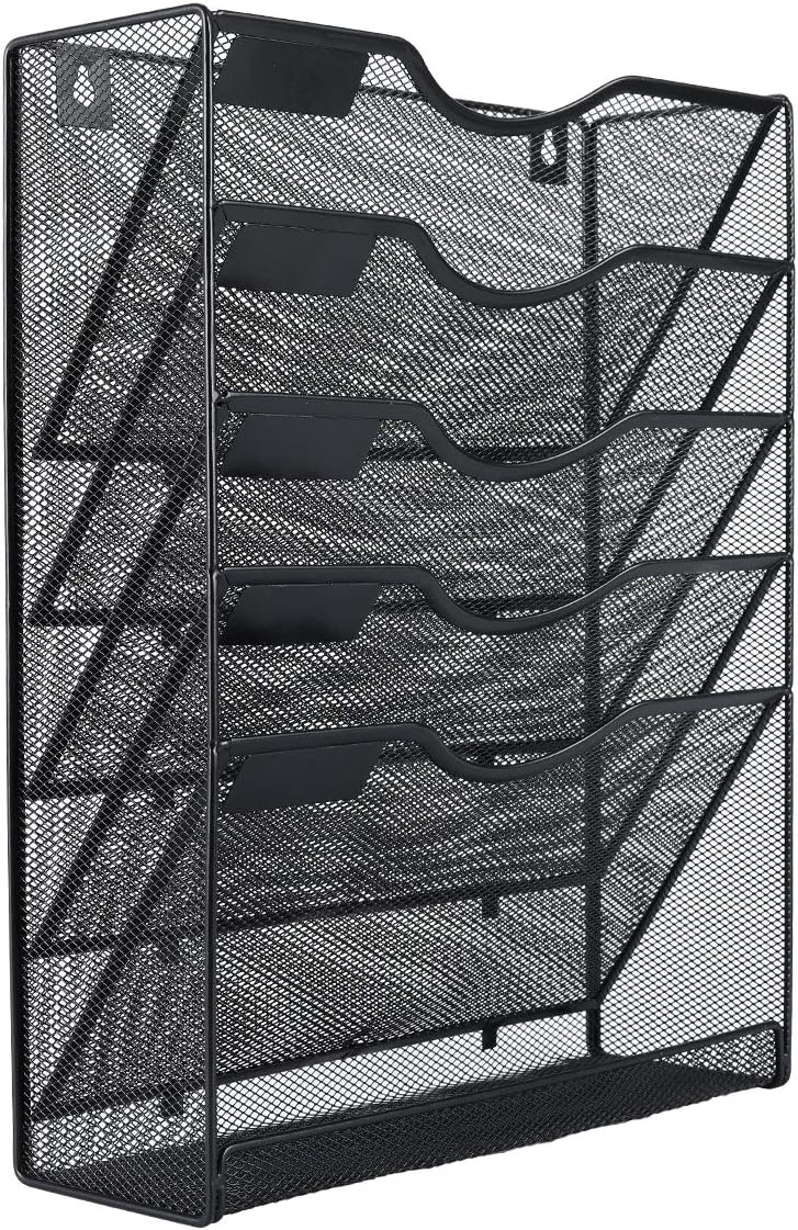 5 Tier Wall File Holder, Mesh Hanging Folder Organizer with Classify Label, Versatile Desk File Holder, Vertical Wall Mounted Mail Organizer for Office Home Cubicle, Black