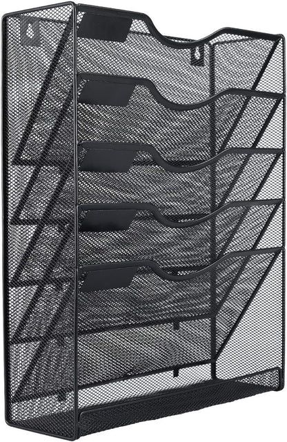 5 Tier Wall File Holder, Mesh Hanging Folder Organizer with Classify Label, Versatile Desk File Holder, Vertical Wall Mounted Mail Organizer for Office Home Cubicle, Black