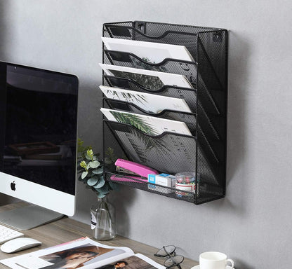 5 Tier Wall File Holder, Mesh Hanging Folder Organizer with Classify Label, Versatile Desk File Holder, Vertical Wall Mounted Mail Organizer for Office Home Cubicle, Black