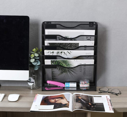 5 Tier Wall File Holder, Mesh Hanging Folder Organizer with Classify Label, Versatile Desk File Holder, Vertical Wall Mounted Mail Organizer for Office Home Cubicle, Black
