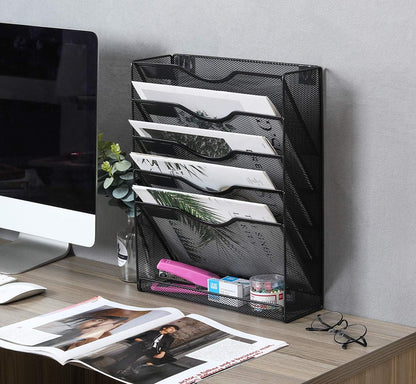 5 Tier Wall File Holder, Mesh Hanging Folder Organizer with Classify Label, Versatile Desk File Holder, Vertical Wall Mounted Mail Organizer for Office Home Cubicle, Black