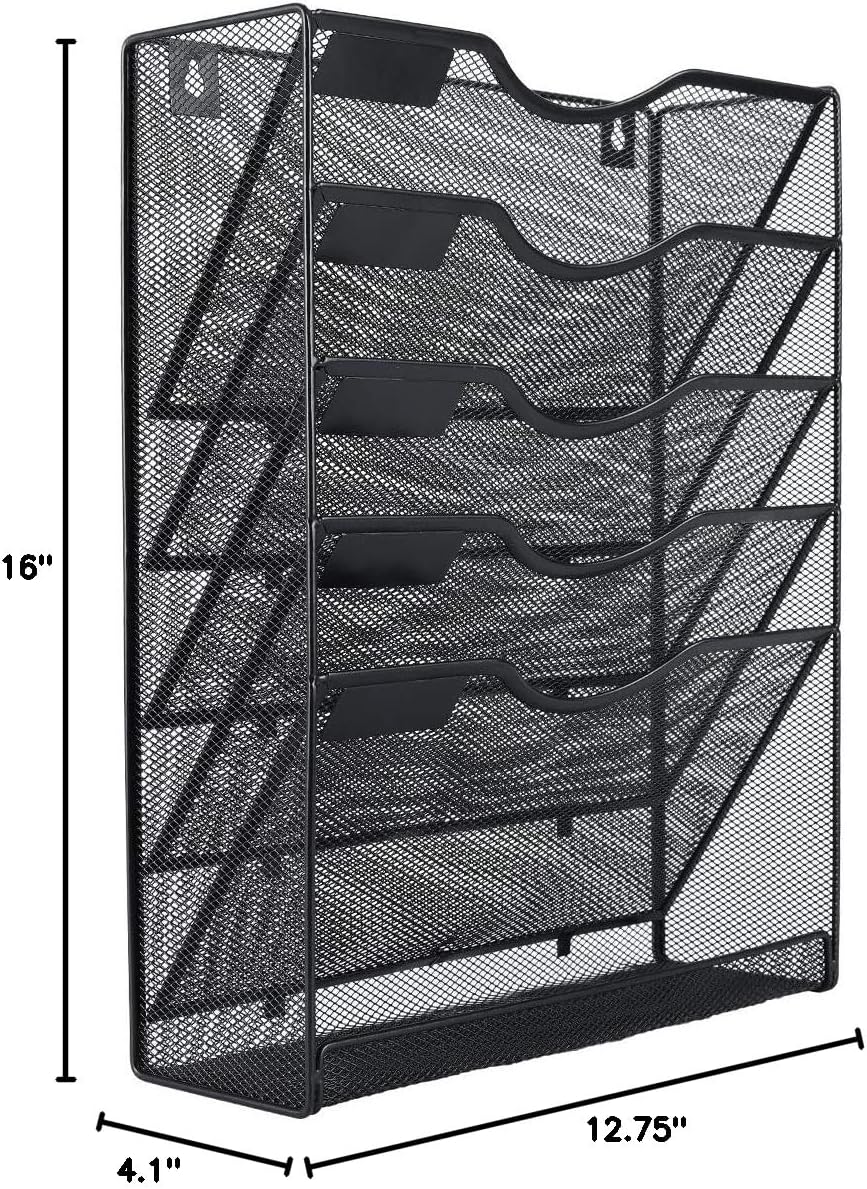5 Tier Wall File Holder, Mesh Hanging Folder Organizer with Classify Label, Versatile Desk File Holder, Vertical Wall Mounted Mail Organizer for Office Home Cubicle, Black
