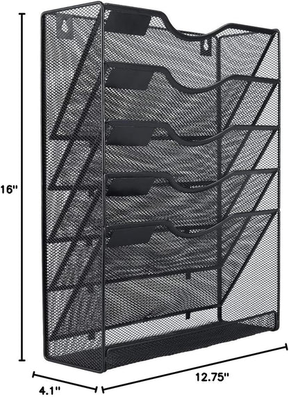 5 Tier Wall File Holder, Mesh Hanging Folder Organizer with Classify Label, Versatile Desk File Holder, Vertical Wall Mounted Mail Organizer for Office Home Cubicle, Black