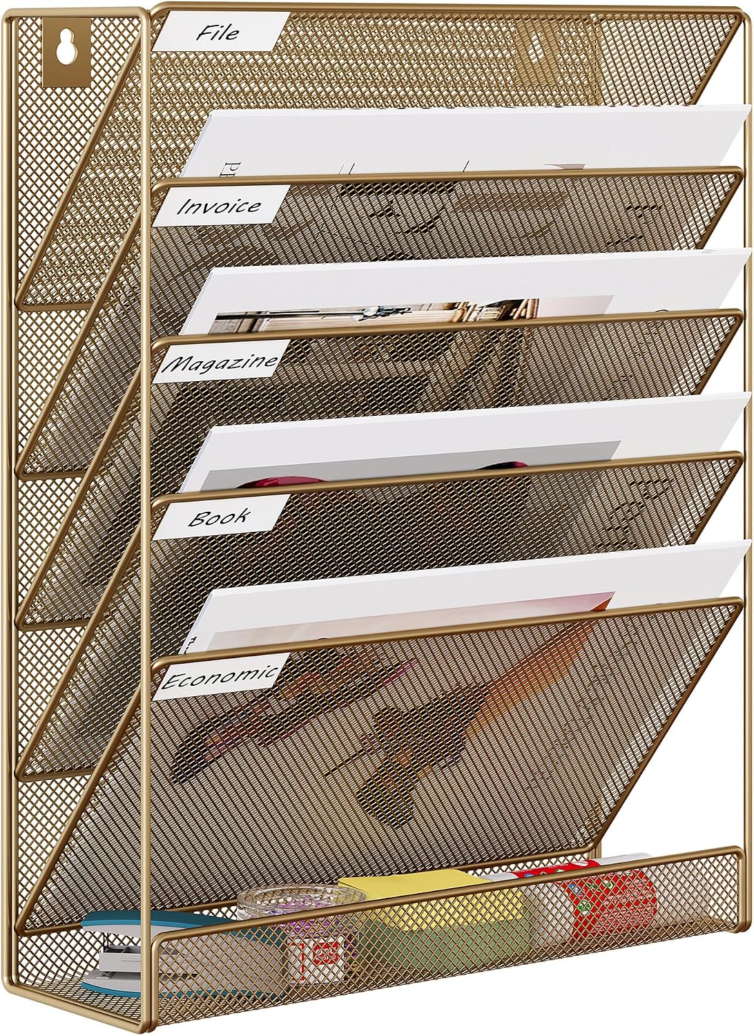5 Tier Wall File Holder, Mesh Hanging Folder Organizer with Classify Label, Versatile Desk File Holder, Vertical Wall Mounted Mail Organizer for Office Home Cubicle, Black