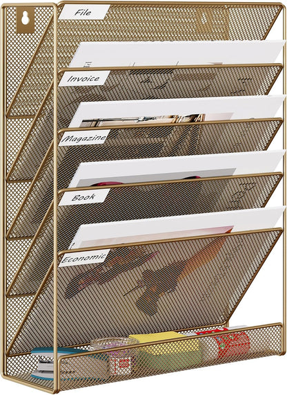 5 Tier Wall File Holder, Mesh Hanging Folder Organizer with Classify Label, Versatile Desk File Holder, Vertical Wall Mounted Mail Organizer for Office Home Cubicle, Black