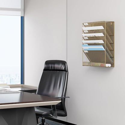 5 Tier Wall File Holder, Mesh Hanging Folder Organizer with Classify Label, Versatile Desk File Holder, Vertical Wall Mounted Mail Organizer for Office Home Cubicle, Black