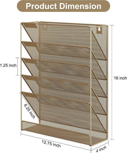 5 Tier Wall File Holder, Mesh Hanging Folder Organizer with Classify Label, Versatile Desk File Holder, Vertical Wall Mounted Mail Organizer for Office Home Cubicle, Black
