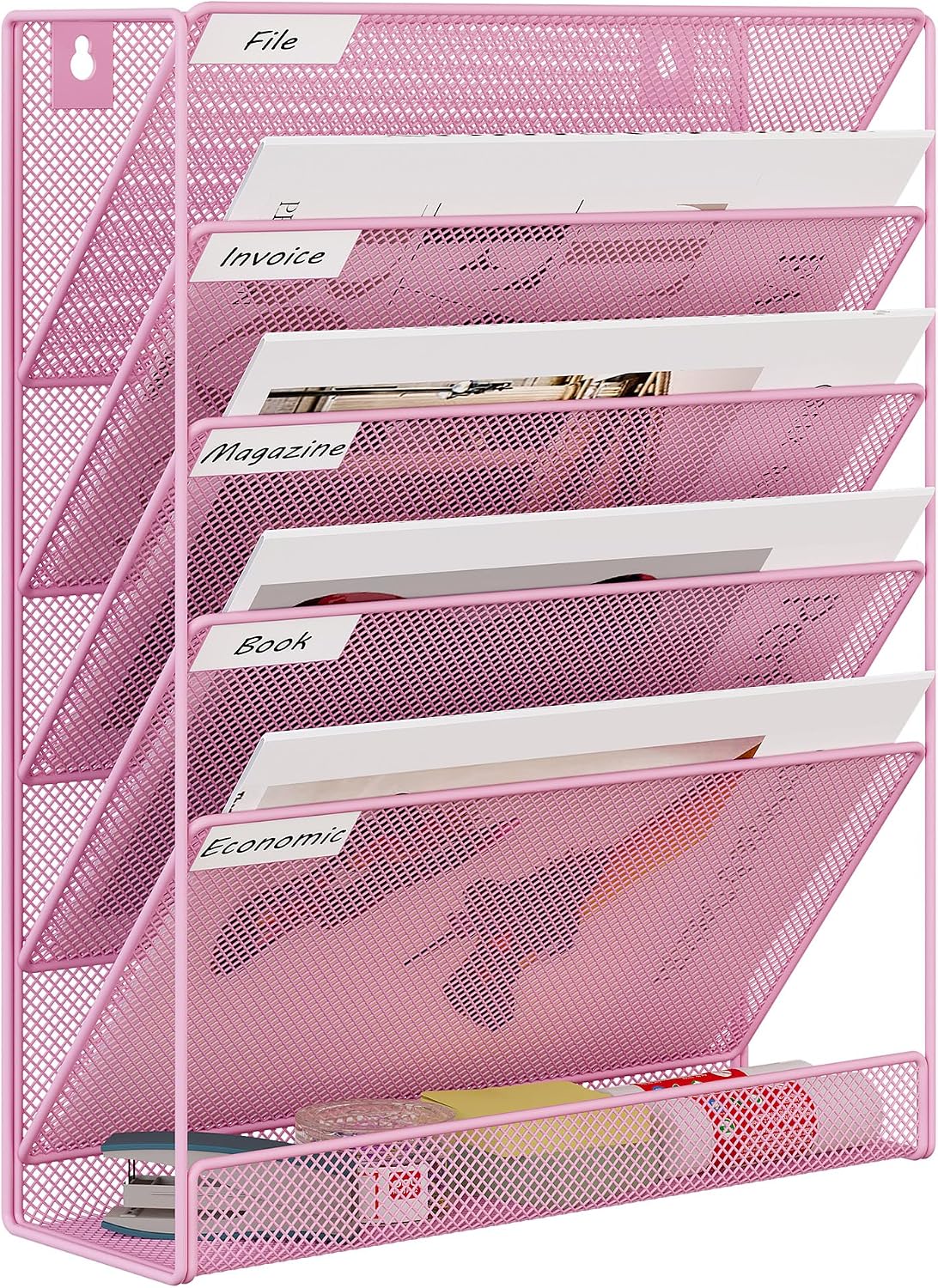 5 Tier Wall File Holder, Mesh Hanging Folder Organizer with Classify Label, Versatile Desk File Holder, Vertical Wall Mounted Mail Organizer for Office Home Cubicle, Black